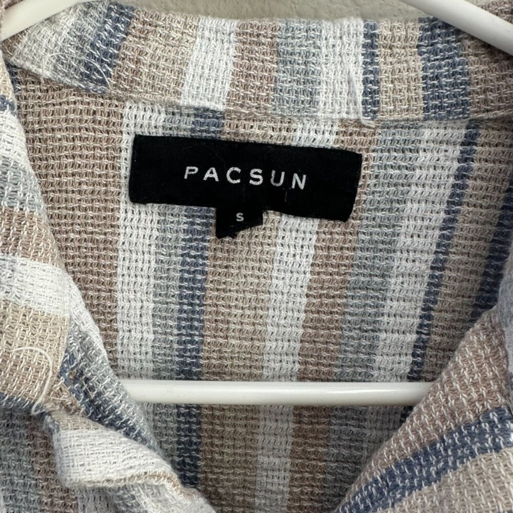 Pac sun Striped khaki blue Button-Up short sleeve Shirt Small - Picture 2 of 4